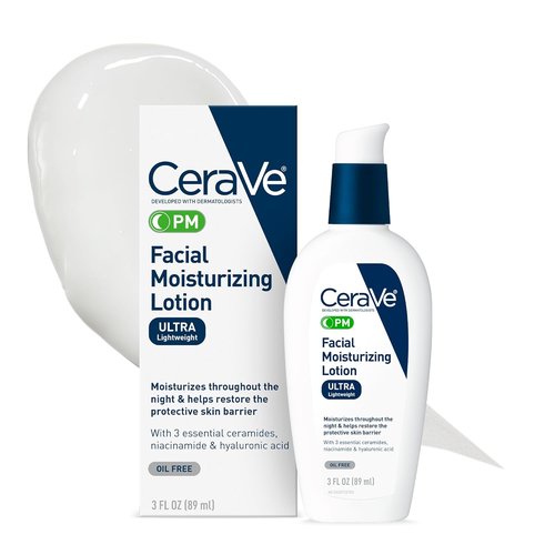 CeraVe PM Facial Moisturizing Lotion - Ultra-Lightweight Night Cream with Hyaluronic Acid & Niacinamide | 3 Ounce