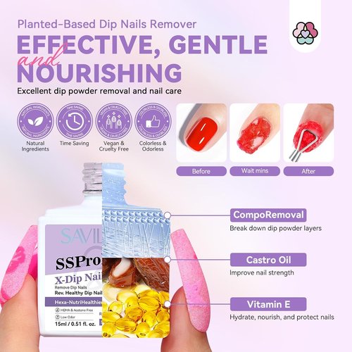 SAVILAND Dip Powder Remover Kit - Gentle & Safe Nail Removal with Cuticle Oil | 2 Pcs, 0.5 Floz