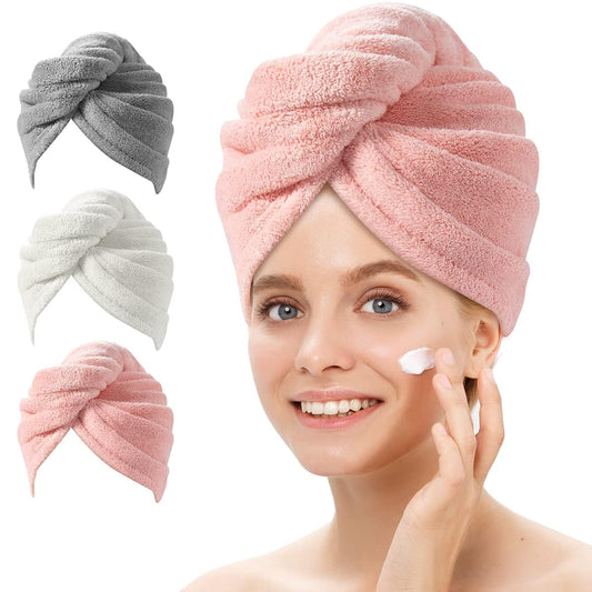 YFONG Microfiber Hair Towel 3 Pack, Hair Towel with Button, Super Absorbent Hair Towel Wrap for Curly Hair, Fast Drying Hair Turban Towel for Women, Anti Frizz Microfiber Towel