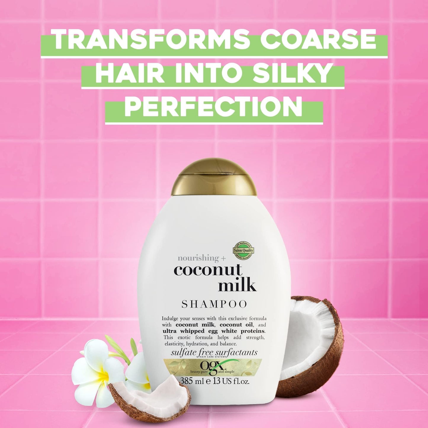 OGX Nourishing Coconut Milk Shampoo for Strong, Healthy Hair with Coconut Oil, Egg White Protein, Sulfate-Free, 13 fl oz (Pack of 2)