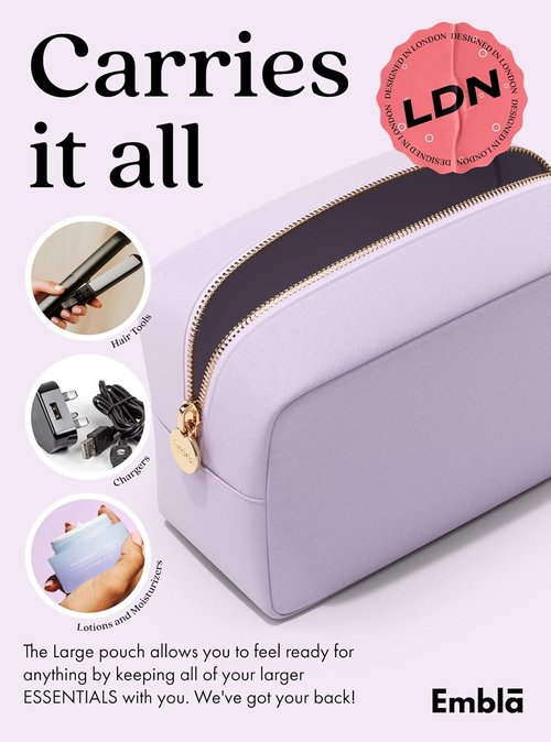 Embla Large Makeup Bag - Waterproof Nylon Travel Toiletry Pouch | Spacious Lavender Cosmetic Organizer
