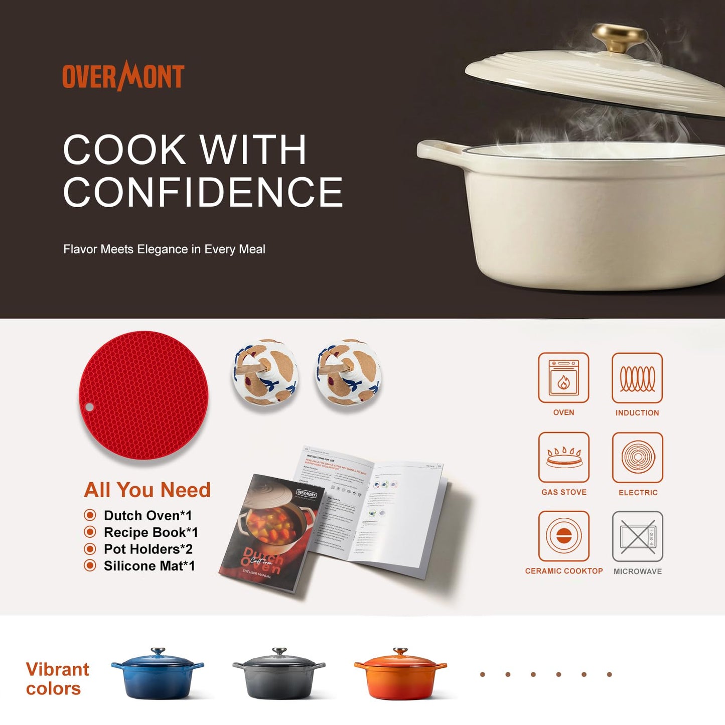 Overmont Enameled Cast Iron Dutch Oven - 4.5QT Pot with Lid Cookbook & Cotton Potholders - Heavy-Duty Cookware for Braising, Stews, Roasting, Bread Baking bottle green