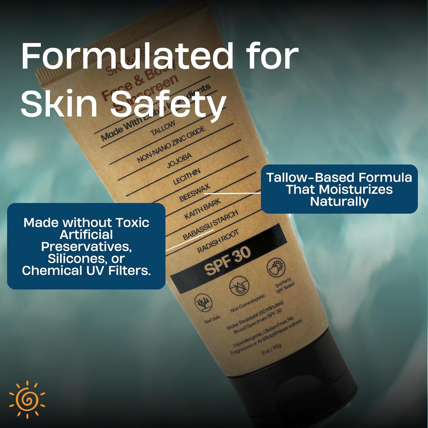 Sky and Sol Natural Mineral Sunscreen SPF 30 - Reef Safe, Water Resistant, Fragrance-Free, 3 oz