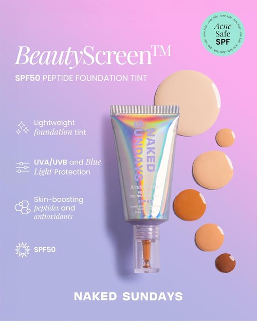 Naked Sundays BeautyScreen SPF 50 Tinted Sunscreen Foundation - Lightweight Natural Coverage with Zinc Oxide & Peptides | 1 Fair Neutral, 1.01 oz
