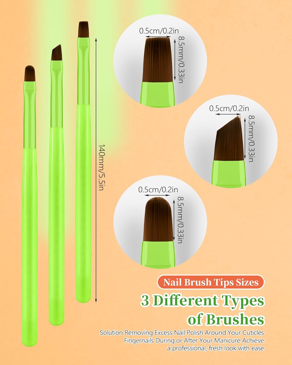 Skiennix Nail Polish Clean Up Brush Set - 3 Acetone Resistant Brushes for Perfect Nail Art | Bright Green