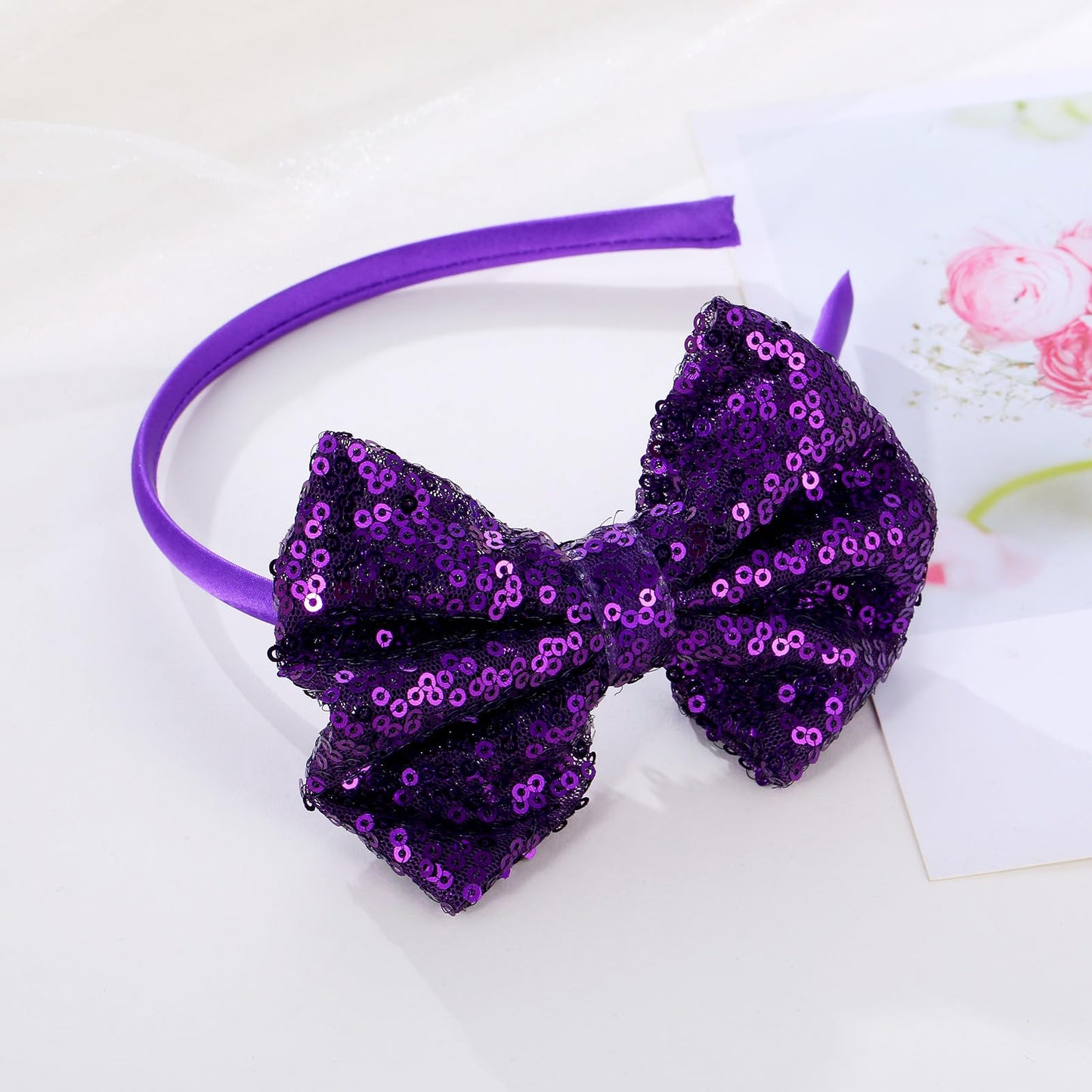 Kiszu Sparkly Sequin Hair Bow Headbands Fashion Glitter Cute Boutique Ribbon Bows for Girls, Kids, and Women (Dark Purple)