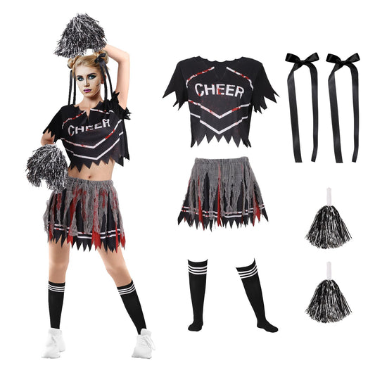 Blivergowell 7 Pieces Zombie Cheerleader Costume Women Halloween Cheerleader Outfit Set Top Skirt Hair Bow Rope Socks Pom Poms (Adult black, L)