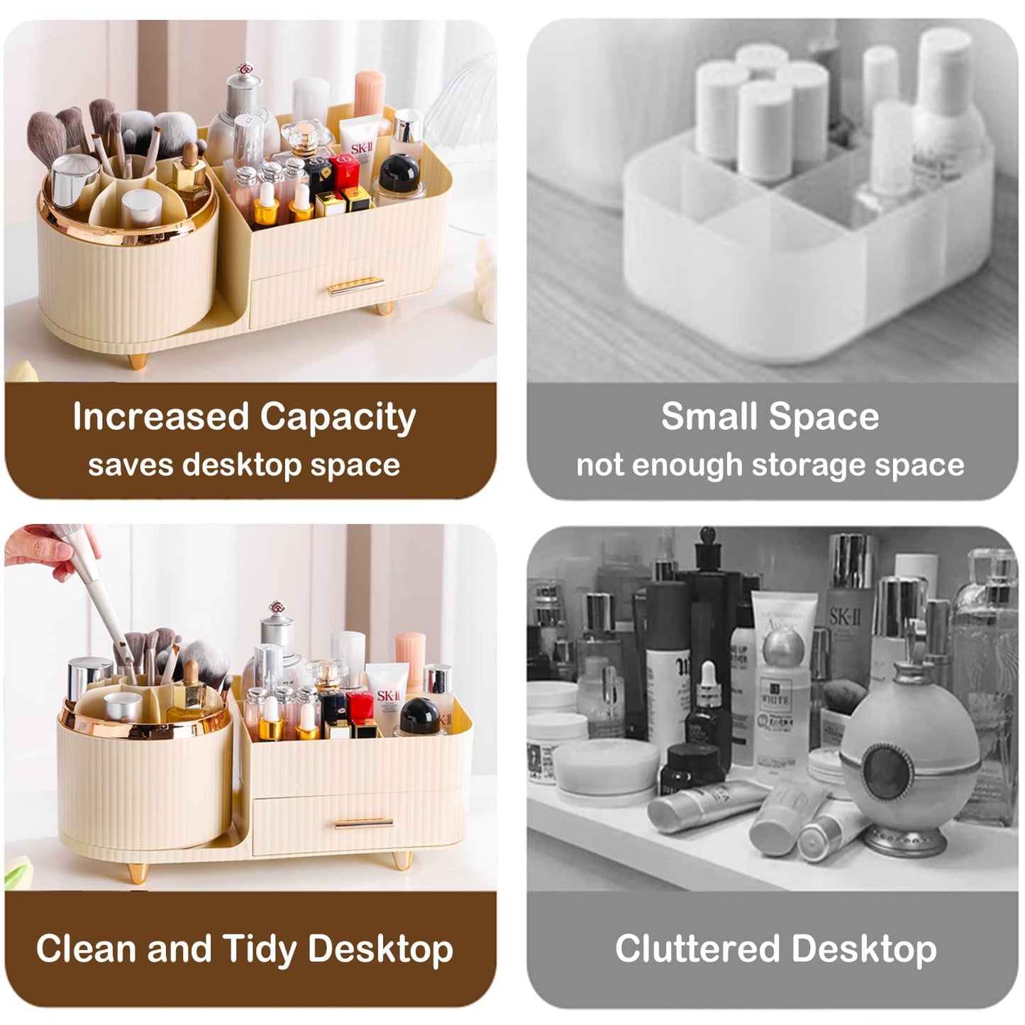 Rotating Makeup Organizer for Vanity with Brush Holder and Drawer, Cosmetic Makeup Storage, Large Spinning Makeup Skincare Organizer, Countertop Makeup Perfume Organizer, Lotions Display Case (Ivory)