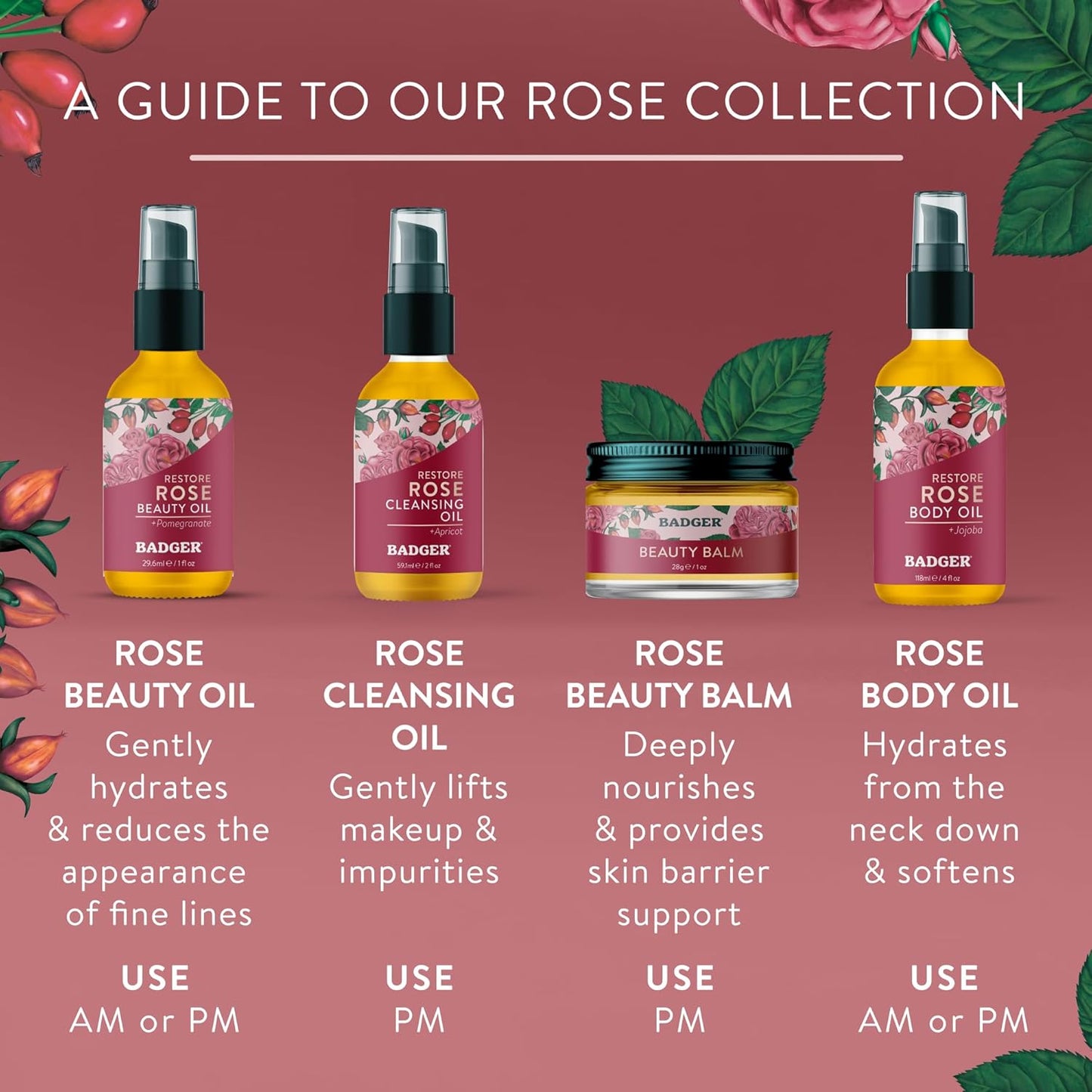 Badger Rose Body Oil - 100% Organic Rose Scented Moisturizer for Dry Skin | 4 fl oz Glass Bottle