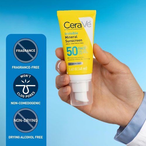 CeraVe Invisible Mineral Sunscreen SPF 50 - Sensitive Skin Face Protection with Zinc Oxide & Ceramides | Travel Size 1.62 oz