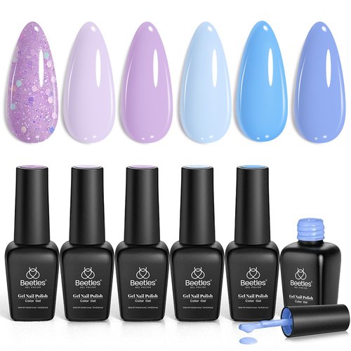 Beetles Gel Nail Polish Set - 6 Colors Purple Baby Blue Light Color Gel Nail Kit Lavender Violets Collection Soak Off UV LED Gel Manicure DIY Periwinkle Nail Polish Salon Spring Gift for Women Girls