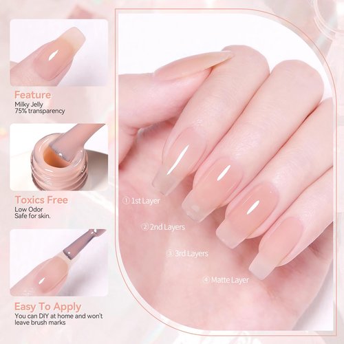 Born Pretty Nude Gel Nail Polish Jelly Light Nude Gel Polish,Sheer Translucent Skin Stone Natural Long Lasting Soak Off Gel Polish Nail Art DIY 15ML