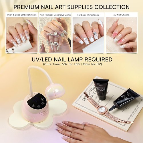 Makartt Nail Rhinestone Glue Gel Set: 60g 3D Super Strong No Wipe Nail Glue for Charms Gems Crystals Beads Decorations Gem Grip Glue DIY Beginners & Salon UV Lamp Needed (2PCS Low & Medium Viscosity)