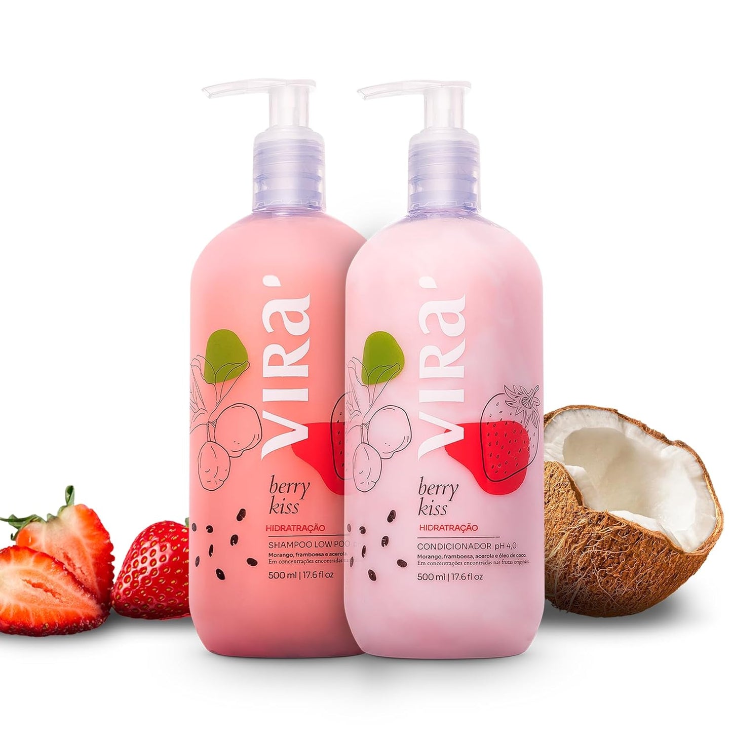 VIRÁ Brazilian Shampoo & Conditioner Set - Deep Moisturizing Treatment for All Hair Types | Hydrating Strawberry & Raspberry 17.6 Fl Oz Each