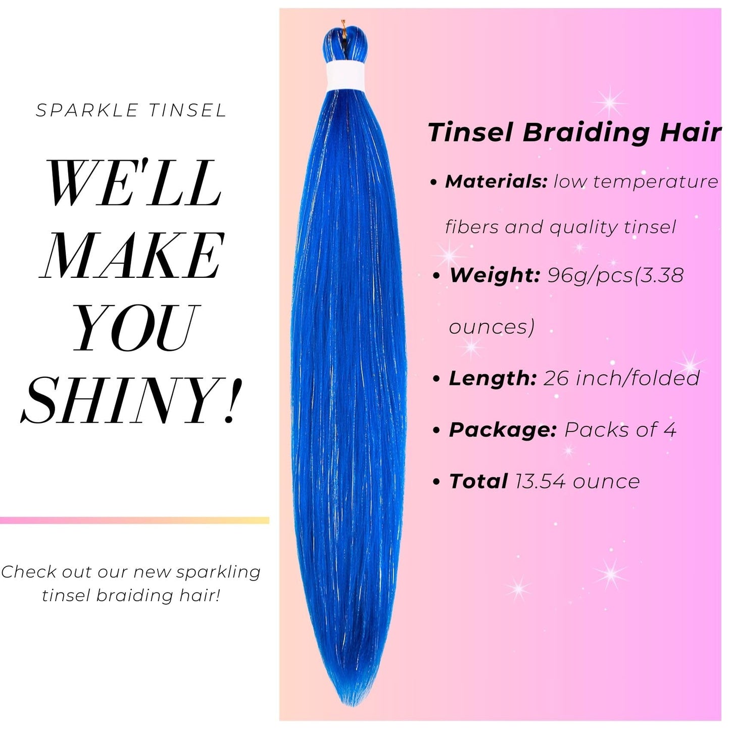 Blue Tinsel Braiding Hair Pre Stretched Glitter Braiding Hair Extensions for Knotless Box Braids(26Inch 4 Packs)