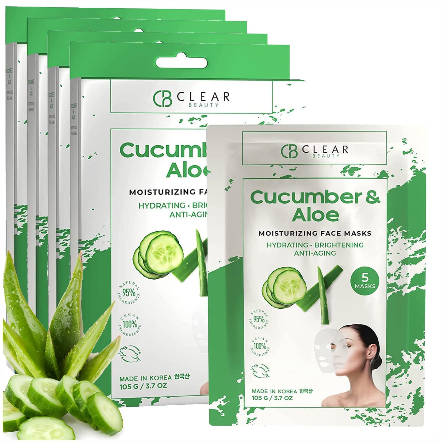 Clear Beauty Cucumber & Aloe Moisturizing Face Mask - Dermatologist Tested, Soothes Irritated Skin, Reduces Wrinkles & Fine Lines, Hydrating, Cruelty-Free Korean Skin Care - All Skin Types - 4 Pack