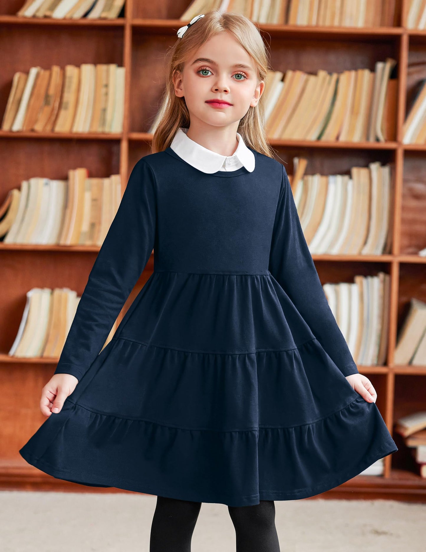 Arshiner Girls' Super Soft Cotton Long Sleeve Tiered Dress, Dark Blue, 120(Age for 5-6Y)