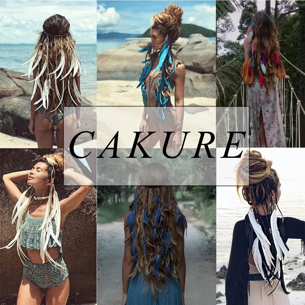 CAKURE Boho Feather Headbands Indian Peacock Headpiece Gypsy Hair Band Adjust Headdress Handmade Feather Hair Accessories (Set 8)