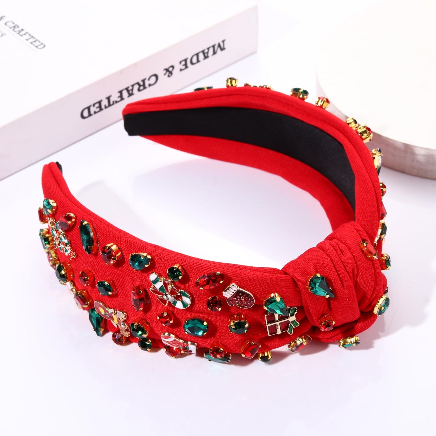 PHALIN Christmas Holiday Headband for Women Christmas Accessories Reindeer Snowflake Candy Cane Knotted Headband Red Green Beaded Rhinestone Pearl Wide Top Knot Headband Xmas Plaid Hairband (Mix)