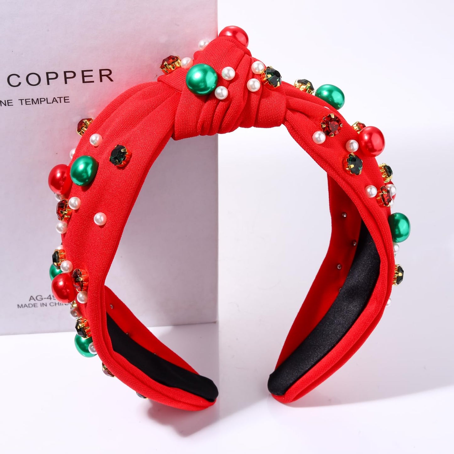 GLBCC Christmas Red Knot Hairband - Pearl & Jewels Top Headband for Women, Fashion Elegant Ladies Wide Knot Head Band, Holiday Party Outfit Gifts