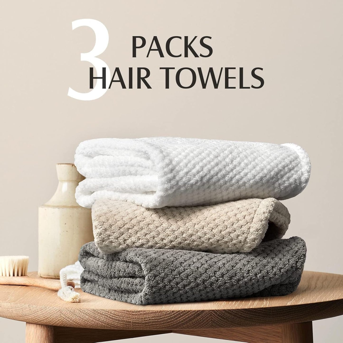 YFONG Microfiber Hair Towel Wrap - 3 Pack Quick Dry Anti-Frizz Turbans for Long, Curly Hair | 30" x 10" (Grey, White, Camel)