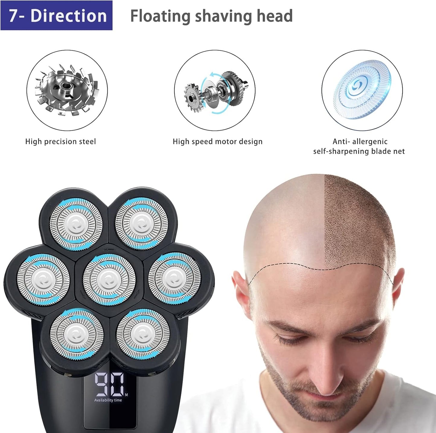 Skiennix Electric Head Shaver - Versatile Razor with Nose Hair Trimmer & LED Travel Lock