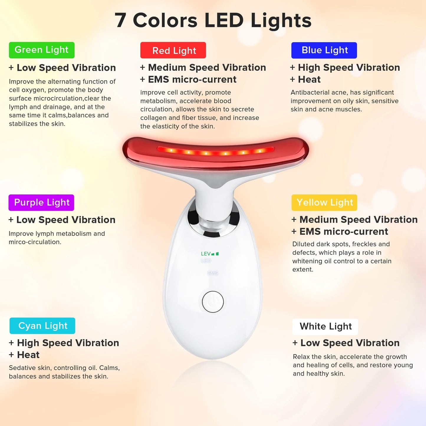 Face Neck Massager with 7-Color Light Modes for Skin Care,Tightening,Smoothness - Red LED Light Therapy Device Triple-Action Beauty Tool