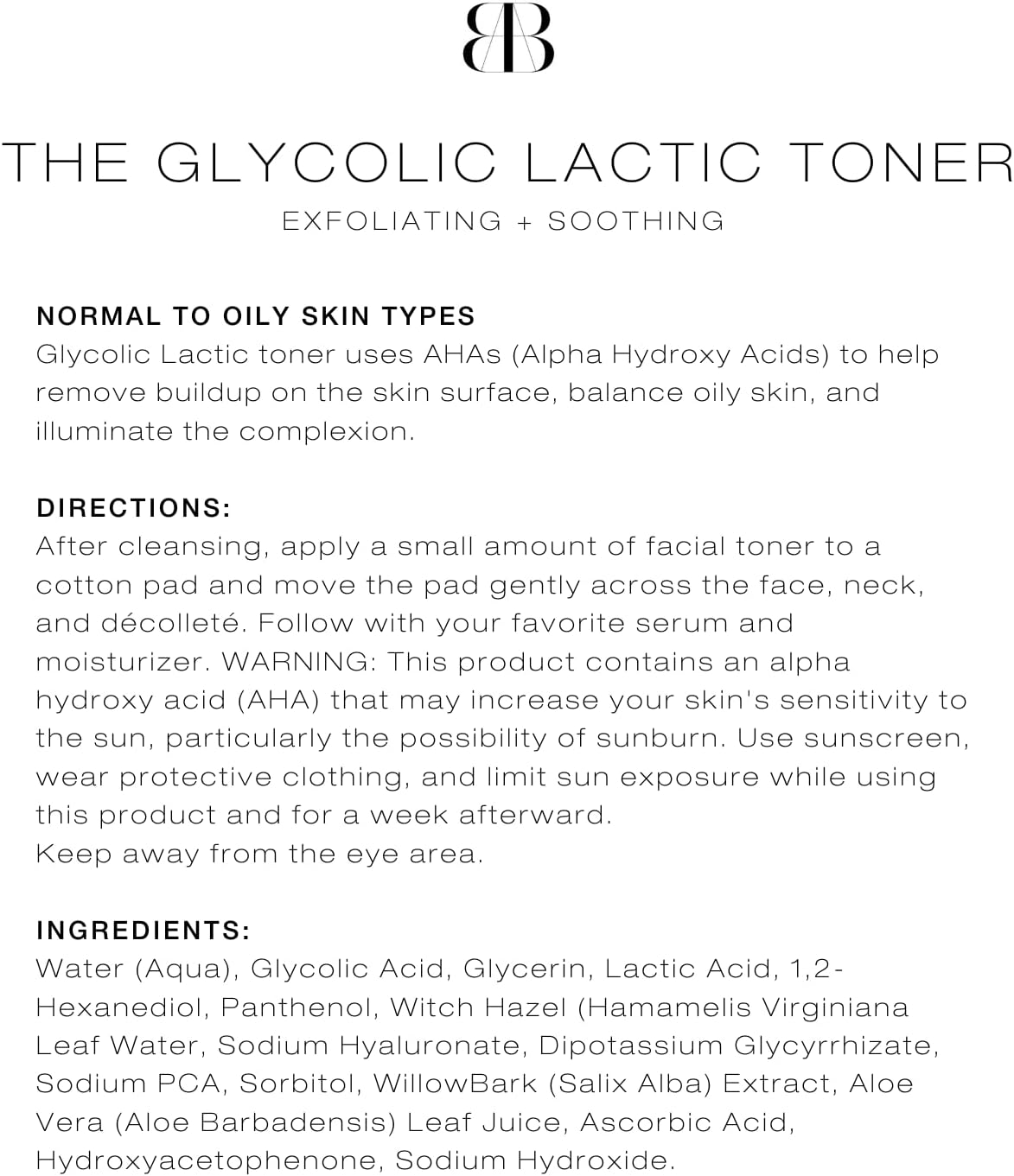 Biba De Sousa Glycolic Lactic Toner - Exfoliating AHA Formula with Hyaluronic Acid & Aloe Vera | 8 oz