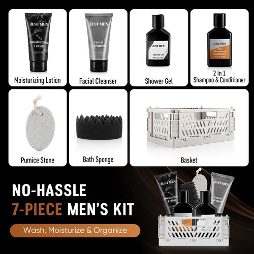 Regine Switzerland Gift Baskets for Men - 7-Piece Body Wash & Skin Care Kit | All-in-One Grooming Set with Cedrus Atlantica Scent | Perfect Birthday Gifts for Husband, Boyfriend, Brother, or Father