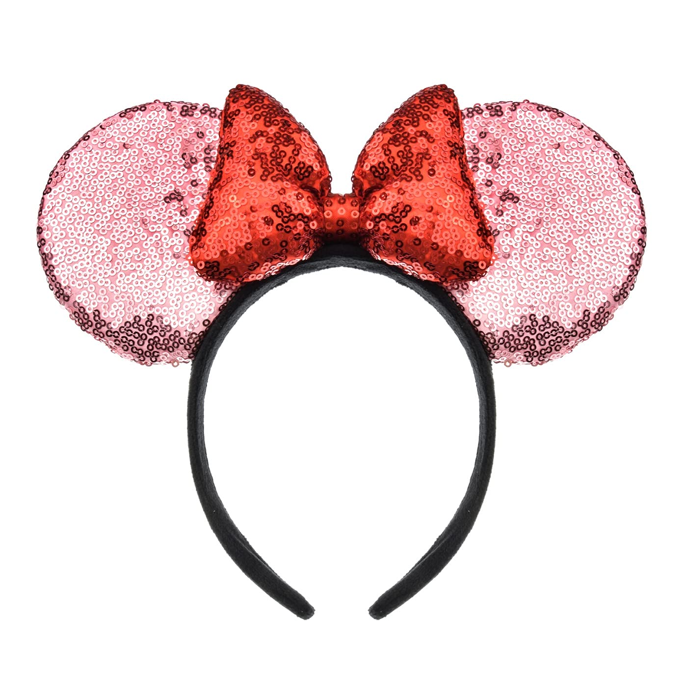 A Miaow 3D Black Mouse Sequin Ears Headband MM Glitter Butterfly Hair Clasp Park Supply Adults Women Photo Accessory (Pink and Red)