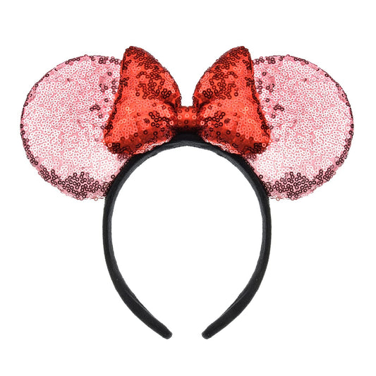 A Miaow 3D Black Mouse Sequin Ears Headband MM Glitter Butterfly Hair Clasp Park Supply Adults Women Photo Accessory (Pink and Red)