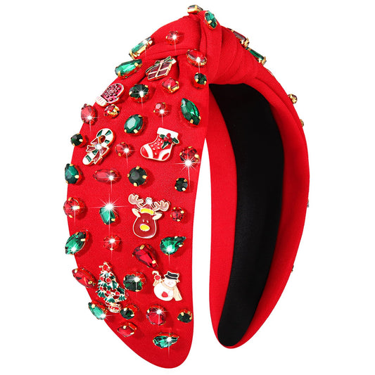 PHALIN Christmas Holiday Headband for Women Christmas Accessories Reindeer Snowflake Candy Cane Knotted Headband Red Green Beaded Rhinestone Pearl Wide Top Knot Headband Xmas Plaid Hairband (Mix)