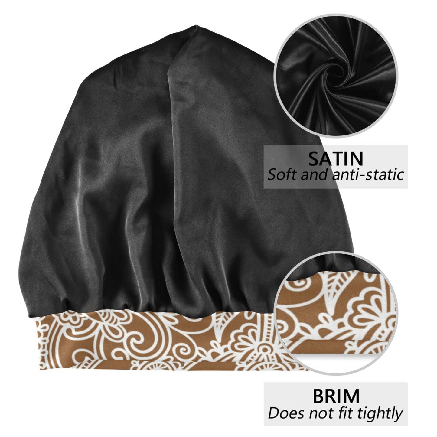 ElliTarr Satin Bonnet Lined Sleep Cap Hair Wrap Cover Slouchy Beanie for Curly Hair Protection for Gifts for Men Women Khaki Paisley