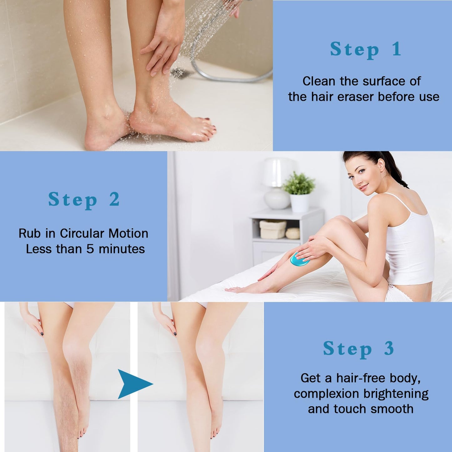 Crystal Hair Eraser for Women and Men, Reusable Crystal Hair Remover Magic Painless Exfoliation Hair Removal Tool, Magic Hair Eraser Device for Back Arms Legs (Sky Blue)