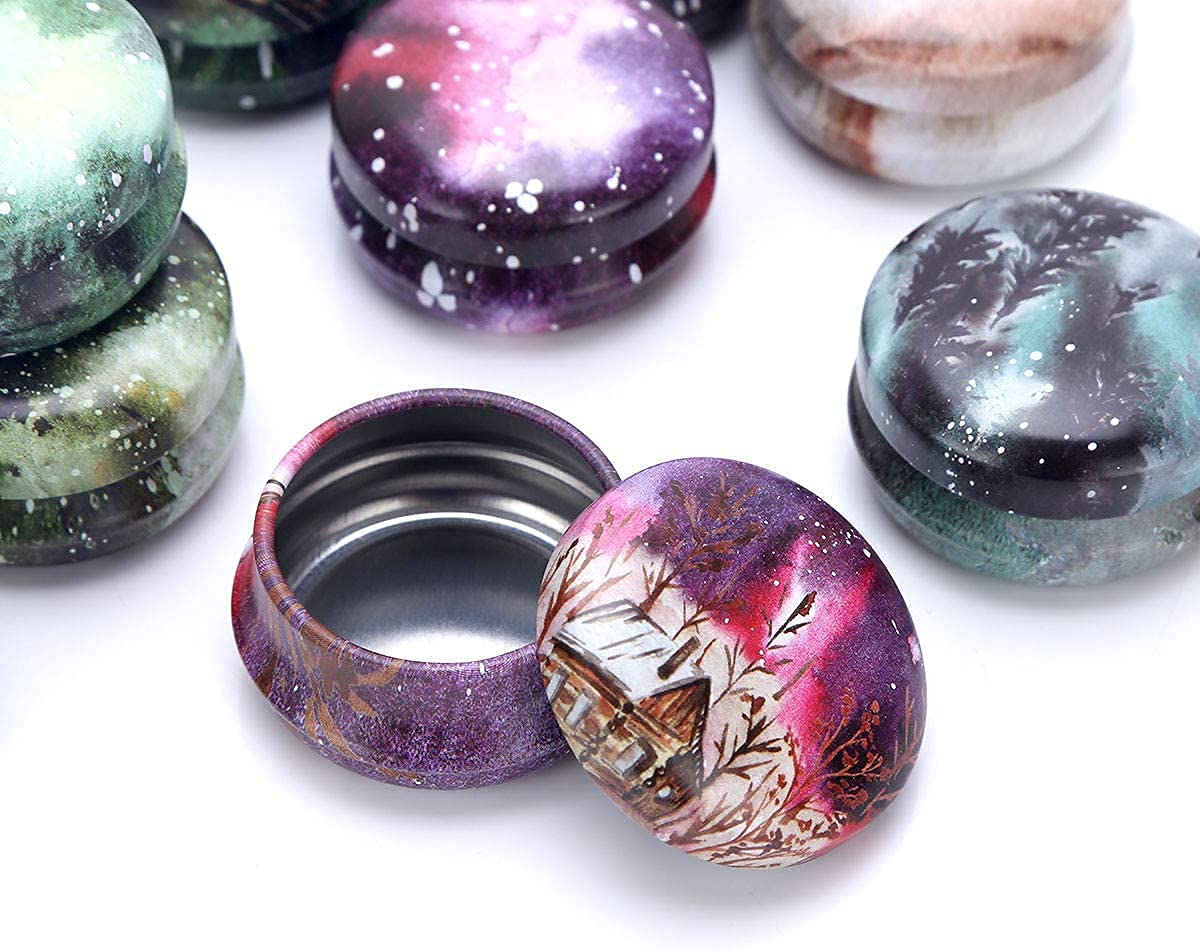 Rarapop 12 Pack Reusable Mini Round Tinplate Candle Tin Jars with Lids, 20ml Small Starry Sky Travel Tin Cans Refillable Empty Container Bottle for Lip Balm, Salve, Eye Shadow, Powder