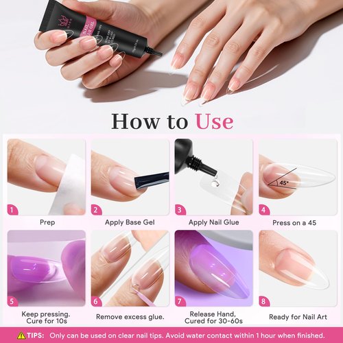 Qiek Nail Tips Gel Glue 15g - Lamp Curing Solid Nail Glue for False Acrylic Nails, Crystal Clear Long Lasting 28 Days No Yellowing Salon Quality DIY Home Manicure Beginner-Friendly