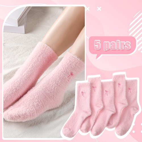 Geyoga 5 Pairs Fuzzy Socks for Women Valentines Day Cozy Gift Soft Spa Slipper Sock Coquette Stuff Fluffy Thick Home Sleeping(Pink,Bow)