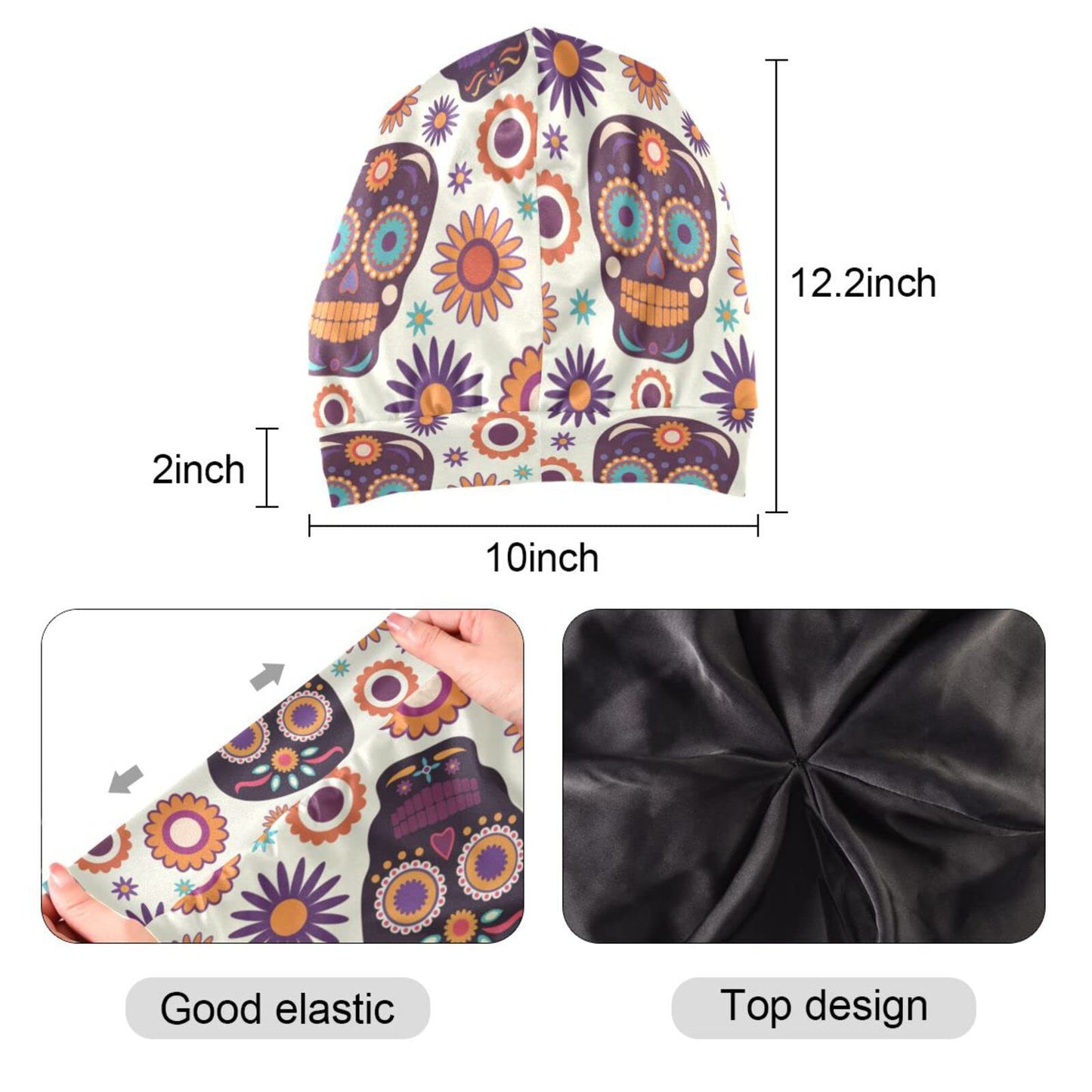 ElliTarr Satin Bonnet Lined Sleep Cap Hair Wrap Cover Slouchy Beanie for Curly Hair Protection for Gifts for Men Women Cute Skull Halloween