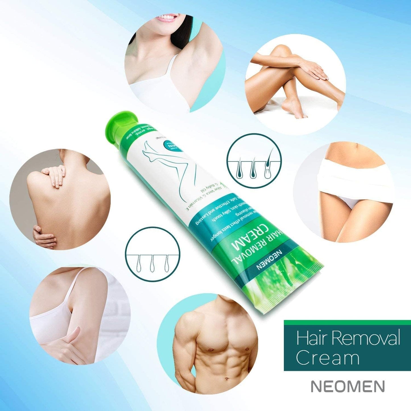 Neomen Hair Removal Cream for Men & Women : Painless Depilatory for Sensitive Skin & Intimate Areas, Moisturizing with Aloe Vera & Vitamin E, Safe for Face, Underarms, Bikini, Arms, Legs