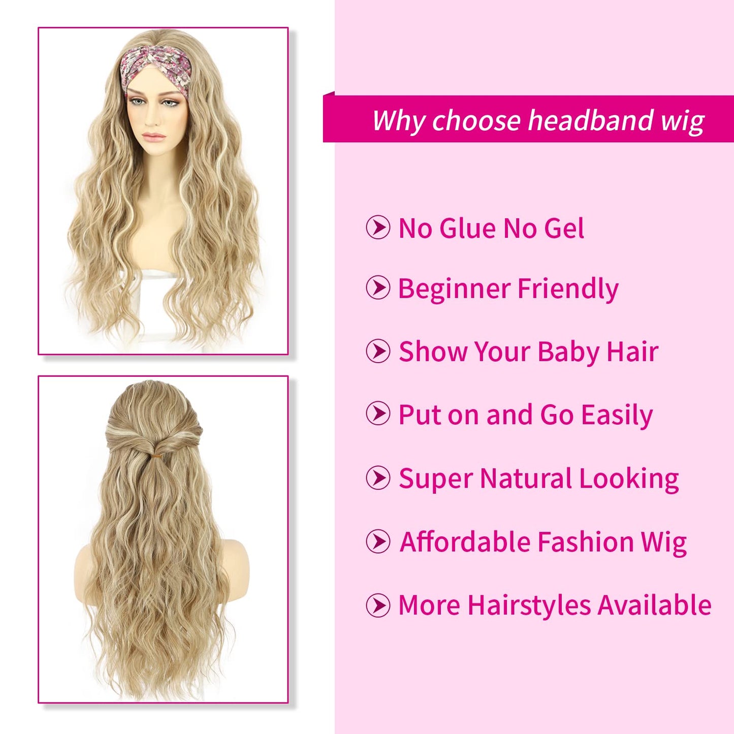 SAPPHIREWIGS Synthetic Headband Wig Loose Body Wave Blonde Highlight Color Glueless Synthetic Wigs For Women With None Lace Front Wig 150% Density 26 inch