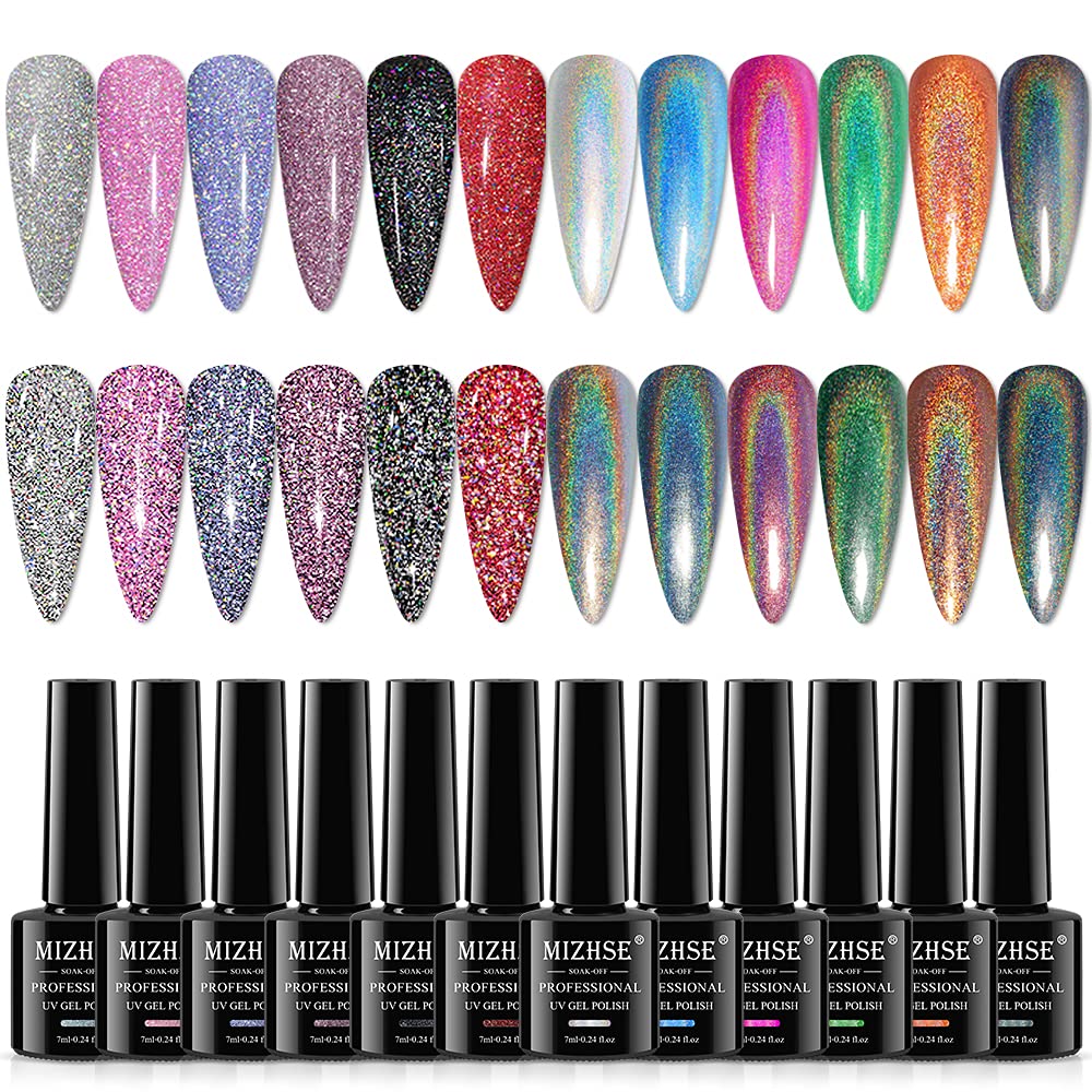 MIZHSE 6 Glitter Gel Nail Polishï¼?6 Holographic Gel Nail Polish, Sparkle Shiny Glitter Gel Polish Glossy Nail Lacquer Rainbow Iridescent Nail Pigment Soak Off Nail Art Gift for Ladies