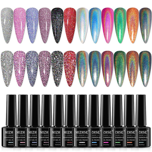 MIZHSE 6 Glitter Gel Nail Polishï¼?6 Holographic Gel Nail Polish, Sparkle Shiny Glitter Gel Polish Glossy Nail Lacquer Rainbow Iridescent Nail Pigment Soak Off Nail Art Gift for Ladies