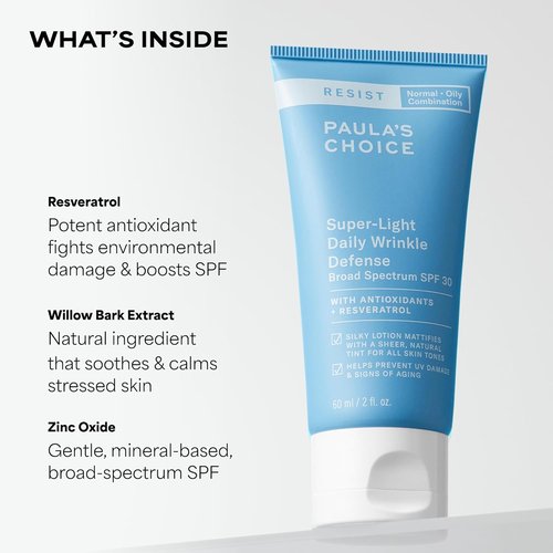 Paula's Choice RESIST Super-Light Daily Wrinkle Defense - SPF 30 Mineral Sunscreen for Oily Skin | Matte Tinted Moisturizer, Fragrance-Free