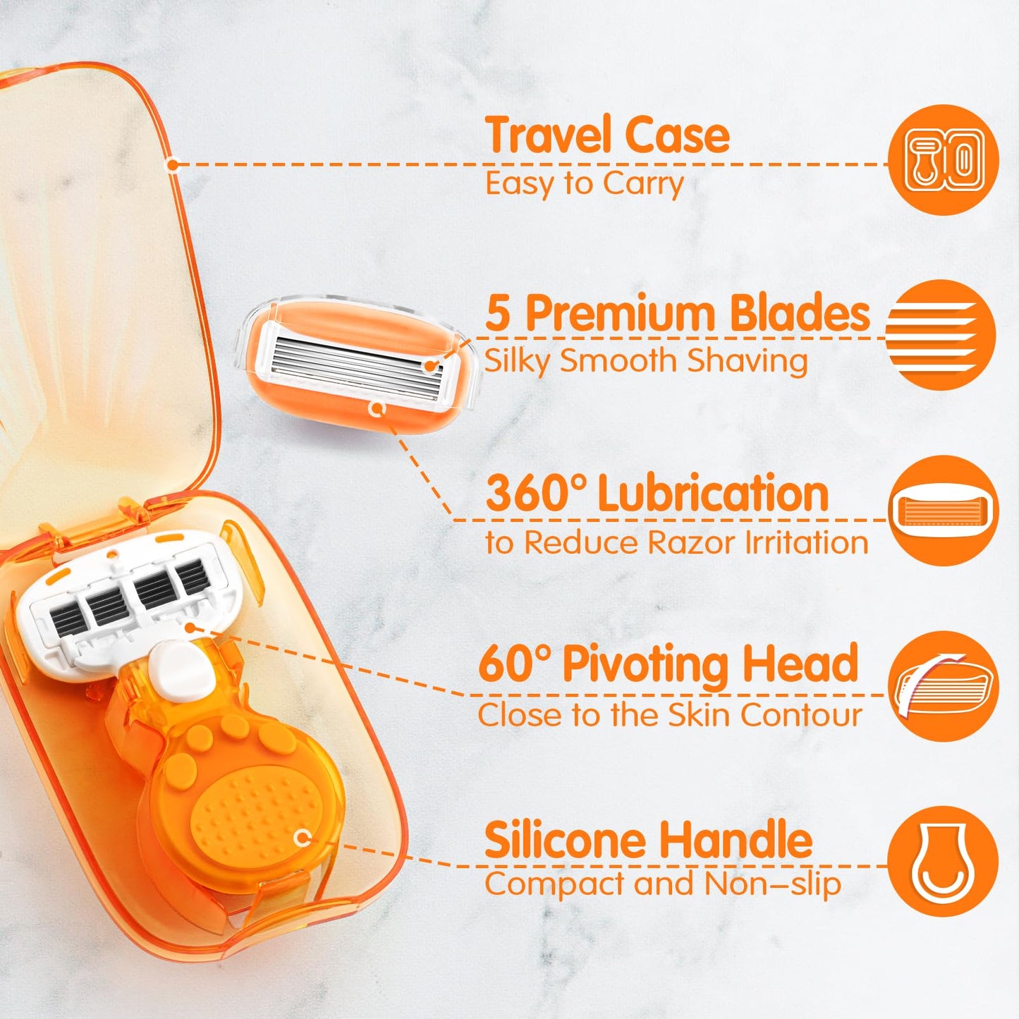 DreamGenius Travel Razors for Women Include 1 Handle and 5 Cartridges, Extra Smooth 5-Blade Travel Essentials Razor with Case for Shaving, Orange