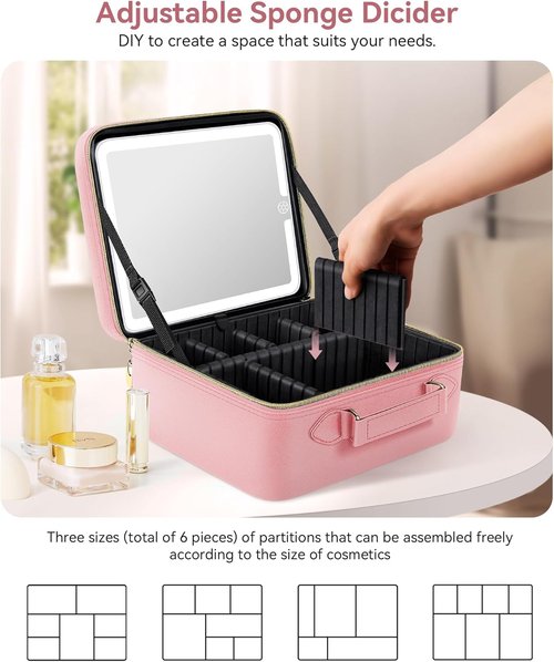 JUSRON Travel Makeup Bag - LED Mirror & Adjustable Dividers - Portable Organizer in Pink, Large