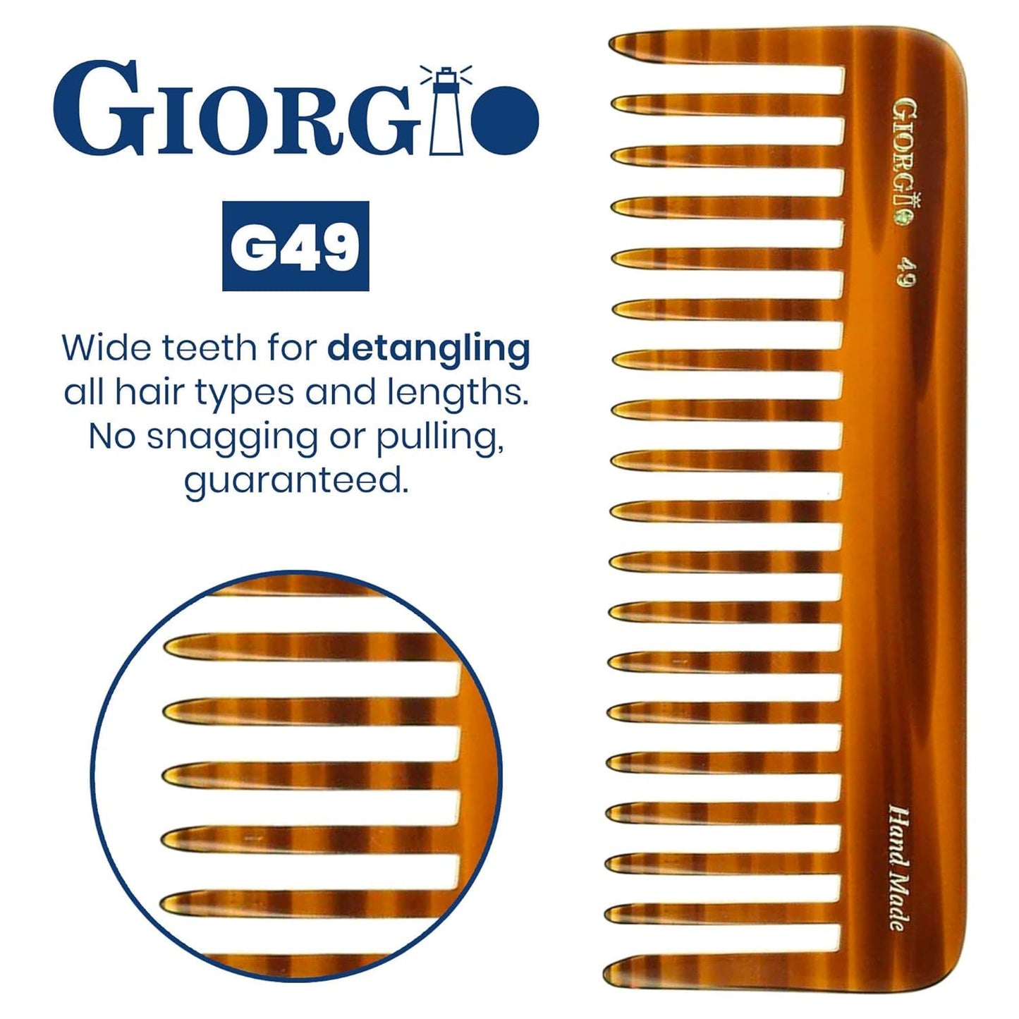 Giorgio G49 Yellow Tokio, Large Hair Detangling Comb, Wide Teeth for Thick Curly Wavy Hair, Detangler Comb For Wet and Dry, Handmade of Quality Cellulose, Saw-Cut, Hand Polished