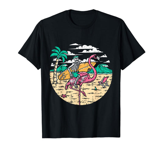 Skeleton Surfer Riding Flamingo Halloween Costume Surfing T-Shirt