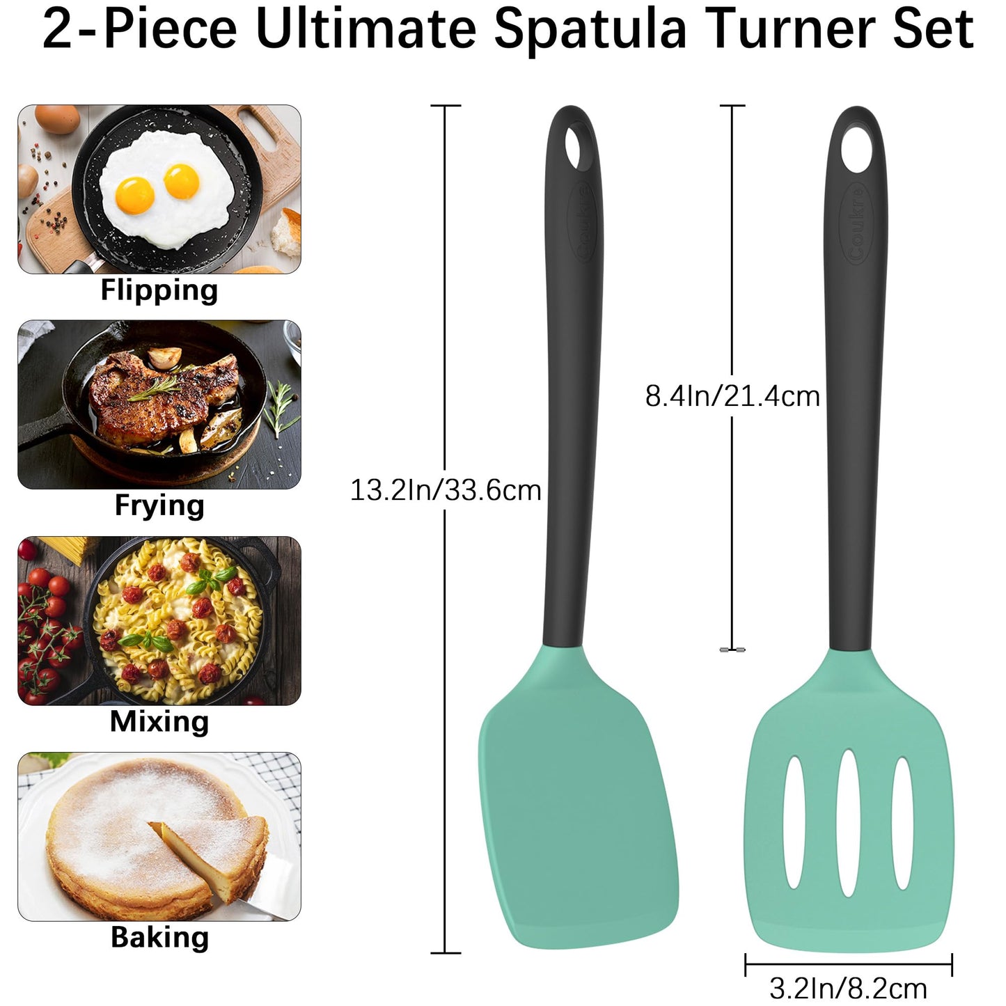 Coukre 2 Pack Silicone Spatula Set, High Heat Resistant, BPA Free Kitchen Spatula, Solid & Slotted Turner for Non-Stick Pans, Sautéing, and Flipping (2, AquaGreen)