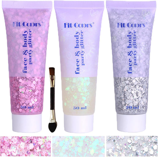 Skiennix Body Glitter Gel - Chunky Sequins for Festivals & Concerts | 150ml White, Silver & Pink