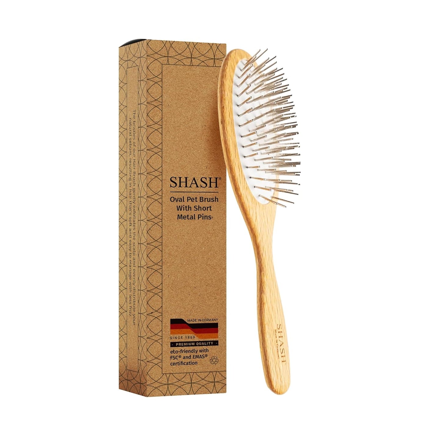SHASH Oval Pet Brush - Handmade in Germany | Long Metal Pins with Rubber Cushion for Easy Detangling & Frizz Reduction